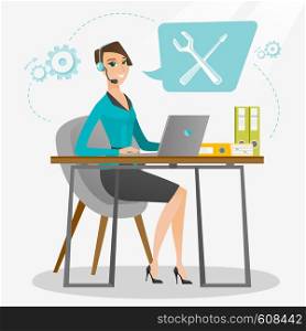 Caucasian professional operator of technical support working on computer. Young operator of technical support at work. Concept of technical support. Vector flat design illustration. Square layout.. Technical support operator vector illustration.