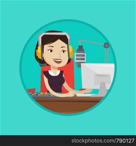 Caucasian radio dj working in front of microphone, computer and mixing console. Radio dj in headset working on a radio station. Vector flat design illustration in the circle isolated on background.. Female dj working on the radio vector illustration