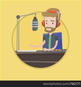 Caucasian radio dj working on mixing console and speaking into a microphone. News presenter in headset working on a radio station. Vector flat design illustration in the circle isolated on background.. Male dj working on the radio vector illustration