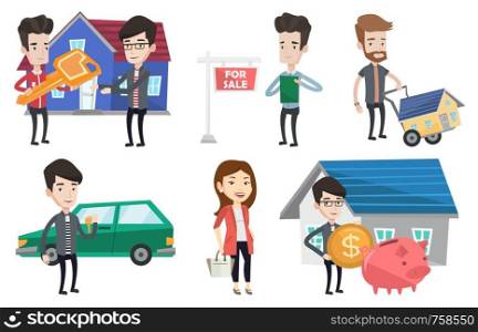 Caucasian real estate agent giving keys to a new happy owner of a house. Real estate agent passing house keys to a new owner. Set of vector flat design illustrations isolated on white background.. Vector set of real estate agents and house owners.