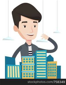 Caucasian real estate agent presenting a model of city. Real estate agent working with a project of a new modern district of the city. Vector flat design illustration isolated on white background.. Real estate agent presenting city model.