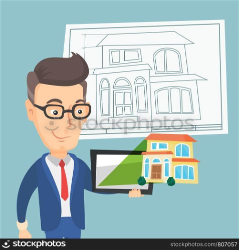 Caucasian real estate agent showing a house photo on a tablet computer. Young business man looking at a house photo on a tablet computer. Vector flat design illustration. Square layout.. Man showing a house photo on a tablet computer.