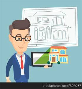 Caucasian real estate agent showing a house photo on a tablet computer. Young business man looking at a house photo on a tablet computer. Vector flat design illustration. Square layout.. Man showing a house photo on a tablet computer.