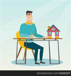 Caucasian real estate agent sitting at workplace with house model on table and signing home purchase contract. Happy man signing home purchase contract. Vector flat design illustration. Square layout.. Real estate agent signing home purchase contract.