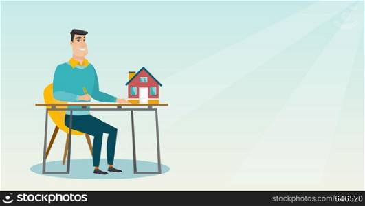 Caucasian real estate agent sitting at workplace with house model on table and signing home purchase contract. Man signing home purchase contract. Vector flat design illustration. Horizontal layout.. Real estate agent signing home purchase contract.