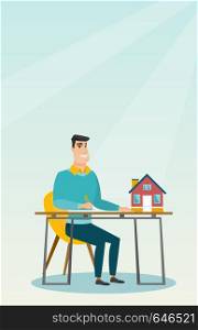 Caucasian real estate agent sitting at workplace with house model on table and signing home purchase contract. Man signing home purchase contract. Vector flat design illustration. Vertical layout.. Real estate agent signing home purchase contract.