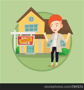 Caucasian real estate agent standing in front of sold real estate placard and house. Successful real estate agent sold a house. Vector flat design illustration in the circle isolated on background.. Real estate agent signing contract.