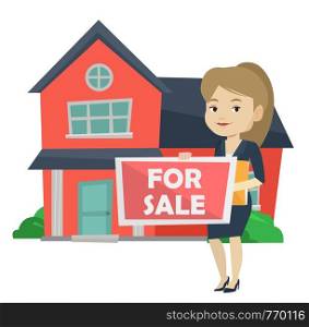 Caucasian realtor offering the house. Female realtor with placard for sale and documents in hands standing on the background of house. Vector flat design illustration isolated on white background.. Young female realtor offering house.