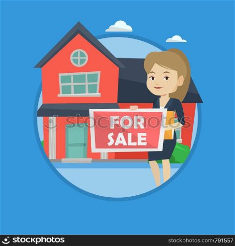 Caucasian realtor offering the house. Realtor with placard for sale and documents in hands standing on a background of house. Vector flat design illustration in the circle isolated on background.. Young female realtor offering house.