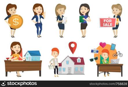 Caucasian realtor signing home purchase contract. Realtor working in office with house model and home purchase contract on table. Set of vector flat design illustrations isolated on white background.. Vector set of real estate agents and house owners.