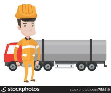 Caucasian refinery worker of oil and gas industry. Refinery worker in hard hat and uniform standing on the background of fuel truck. Vector flat design illustration isolated on white background.. Worker on background of fuel truck.