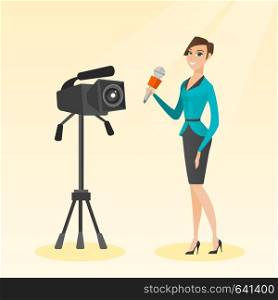Caucasian reporter standing with a microphone on the background of a camera. Young smiling TV reporter presenting news. TV transmission with a reporter. Vector flat design illustration. Square layout.. TV reporter with a microphone and a camera.