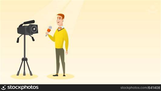 Caucasian reporter standing with a microphone on the background of a camera. Young TV reporter presenting news. TV transmission with a reporter. Vector flat design illustration. Horizontal layout.. TV reporter with a microphone and a camera.