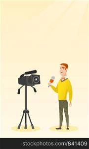 Caucasian reporter standing with a microphone on the background of a camera. Young TV reporter presenting news. TV transmission with a reporter. Vector flat design illustration. Vertical layout.. TV reporter with a microphone and a camera.