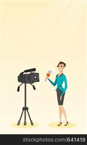 Caucasian reporter standing with a microphone on the background of a camera. Young TV reporter presenting news. TV transmission with a reporter. Vector flat design illustration. Vertical layout.. TV reporter with a microphone and a camera.