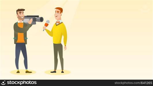 Caucasian reporter with a microphone presenting news. Young hipster operator with camera filming a reporter. Reporter and operator recording news. Vector flat design illustration. Horizontal layout.. TV reporter and operator vector illustration.
