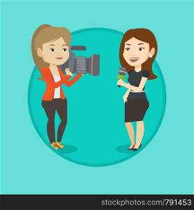 Caucasian reporter with microphone presenting the news. Young operator filming reporter. Reporter and operator recording the news. Vector flat design illustration in the circle isolated on background.. TV reporter and operator vector illustration.