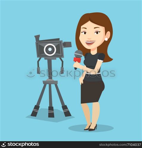 Caucasian reporter with microphone standing on the background with camera. Young smiling TV reporter presenting the news. TV transmission with reporter. Vector flat design illustration. Square layout.. TV reporter with microphone and camera.
