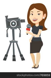 Caucasian reporter with microphone standing on the background with camera. TV reporter presenting the news. TV transmission with reporter. Vector flat design illustration isolated on white background.. TV reporter with microphone and camera.
