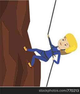 Caucasian rock climber in action. Rock climber in protective helmet climbing on a rock. Smiling woman climbing in mountains with rope. Vector flat design illustration isolated on white background.. Woman climbing in mountains with rope.