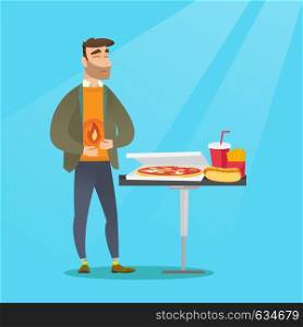 Caucasian sad man having a stomach ache from heartburn. Young hipster man suffering from a heartburn. Upset man having a stomach ache after fast food. Vector flat design illustration. Square layout.. Man suffering from heartburn vector illustration