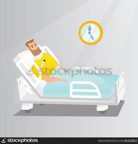 Caucasian sad man wearing a cervical collar and suffering from a neck pain. Patient with an injured neck lying in bed. Young man with a neck brace. Vector flat design illustration. Square layout.. Man with a neck injury vector illustration.