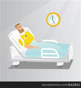 Caucasian sad man wearing a cervical collar and suffering from a neck pain. Patient with an injured neck lying in bed. Young man with a neck brace. Vector flat design illustration. Square layout.. Man with a neck injury vector illustration.
