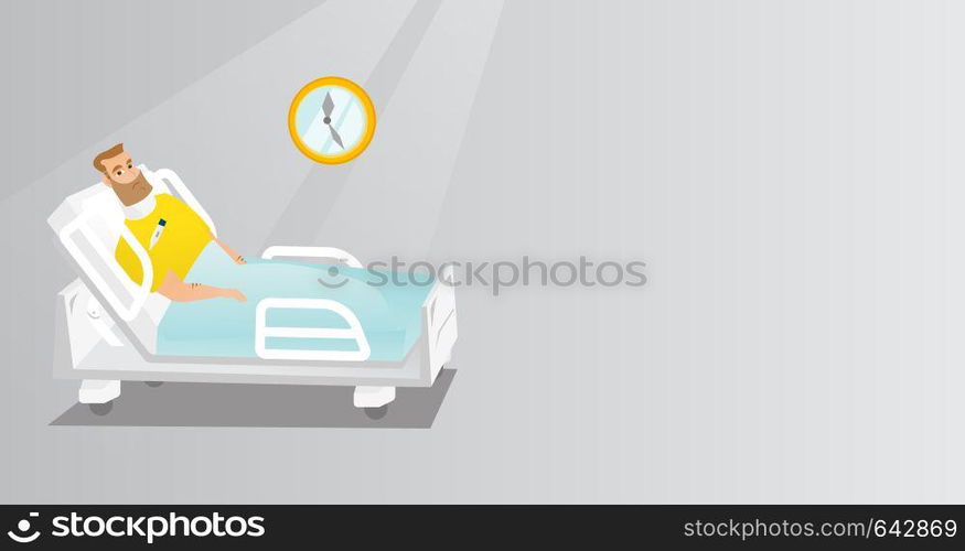 Caucasian sad man wearing a cervical collar and suffering from a neck pain. Patient with an injured neck lying in bed. Young man with a neck brace. Vector flat design illustration. Horizontal layout.. Man with a neck injury vector illustration.