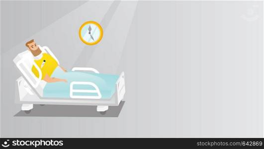 Caucasian sad man wearing a cervical collar and suffering from a neck pain. Patient with an injured neck lying in bed. Young man with a neck brace. Vector flat design illustration. Horizontal layout.. Man with a neck injury vector illustration.