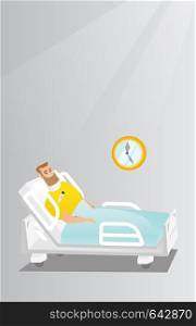 Caucasian sad man wearing a cervical collar and suffering from a neck pain. Patient with an injured neck lying in bed. Young man with a neck brace. Vector flat design illustration. Vertical layout.. Man with a neck injury vector illustration.