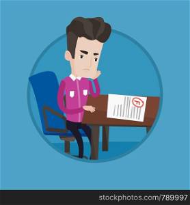 Caucasian sad student looking at test paper with bad grade. Student dissatisfied with the test results. Student failed test. Vector flat design illustration in the circle isolated on background.. Sad student looking at test paper with bad mark.