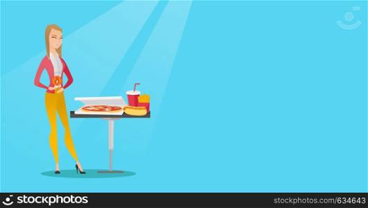 Caucasian sad woman having a stomach ache from heartburn. Young woman suffering from a heartburn. Upset woman having a stomach ache after fast food. Vector flat design illustration. Horizontal layout.. Woman suffering from heartburn vector illustration