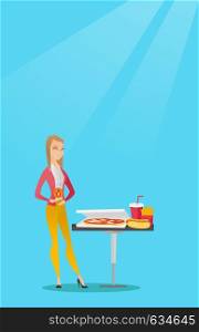 Caucasian sad woman having a stomach ache from heartburn. Young woman suffering from a heartburn. Upset woman having a stomach ache after fast food. Vector flat design illustration. Vertical layout.. Woman suffering from heartburn vector illustration