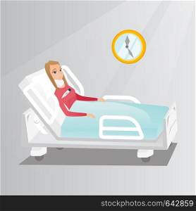 Caucasian sad woman wearing a cervical collar and suffering from a neck pain. Patient with an injured neck lying in bed. Young woman with a neck brace. Vector flat design illustration. Square layout.. Woman with a neck injury vector illustration.