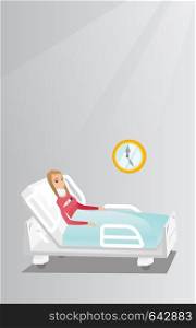 Caucasian sad woman wearing a cervical collar and suffering from a neck pain. Patient with an injured neck lying in bed. Young woman with a neck brace. Vector flat design illustration. Vertical layout. Woman with a neck injury vector illustration.