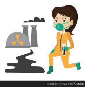 Caucasian scientist in gas mask and radiation protective suit holding test-tube with black liquid on the background of nuclear power plant. Vector flat design illustration isolated on white background. Laboratory assistant with test tube.