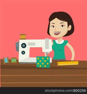 Caucasian seamstress working in a cloth factory. Happy seamstress sewing on an industrial sewing machine. Seamstress using sewing machine at workshop. Vector flat design illustration. Square layout.. Seamstress using sewing machine at workshop.