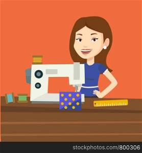 Caucasian seamstress working in a cloth factory. Happy seamstress sewing on an industrial sewing machine. Seamstress using sewing machine at workshop. Vector flat design illustration. Square layout.. Seamstress using sewing machine at workshop.