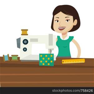 Caucasian seamstress working in cloth factory. Seamstress sewing on industrial sewing machine. Seamstress using sewing machine at workshop. Vector flat design illustration isolated on white background. Seamstress using sewing machine at workshop.