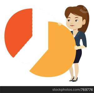 Caucasian shareholder taking her share of financial pie chart. Young shareholder getting her share of profit. Businesswoman sharing profit. Vector flat design illustration isolated on white background. Business woman taking her share of the profits.