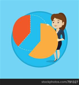 Caucasian shareholder taking her share of financial pie chart. Shareholder getting share of profit. Business woman sharing profit. Vector flat design illustration in the circle isolated on background.. Business woman taking her share of the profits.