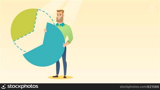 Caucasian shareholder taking his share of financial pie chart. Young shareholder getting his share of business profit. Businessman sharing profit. Vector flat design illustration. Horizontal layout.. Businessman taking his share of the profits.