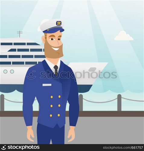 Caucasian ship captain standing on the background of sea and cruise ship. Young smiling hipster ship captain in uniform standing on the seacoast background. Vector cartoon illustration. Square layout.. Caucasian ship captain in uniform at the port.