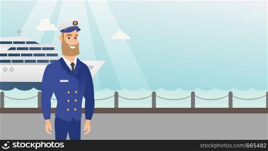 Caucasian ship captain standing on the background of sea and cruise ship. Young smiling ship captain in uniform standing on the seacoast background. Vector cartoon illustration. Horizontal layout.. Caucasian ship captain in uniform at the port.
