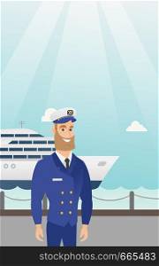 Caucasian ship captain standing on the background of sea and cruise ship. Young smiling ship captain in uniform standing on the seacoast background. Vector cartoon illustration. Vertical layout.. Caucasian ship captain in uniform at the port.