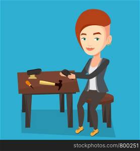 Caucasian shoemaker working with a shoe in workshop. Female shoemaker repairing a shoe in workshop. Young shoemaker making handmade shoes in workshop. Vector flat design illustration. Square layout.. Shoemaker making handmade shoes in workshop.