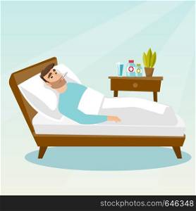 Caucasian sick man laying in bed with fever. Sick man measuring temperature with a thermometer in mouth. Sick man suffering from cold or flu virus. Vector flat design illustration. Square layout.. Sick man with thermometer laying in bed.