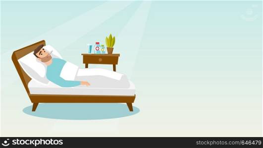 Caucasian sick man laying in bed with fever. Sick man measuring temperature with a thermometer in mouth. Sick man suffering from cold or flu virus. Vector flat design illustration. Horizontal layout.. Sick man with thermometer laying in bed.