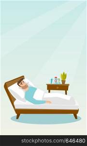 Caucasian sick man laying in bed with fever. Sick man measuring temperature with a thermometer in mouth. Sick man suffering from cold or flu virus. Vector flat design illustration. Vertical layout.. Sick man with thermometer laying in bed.