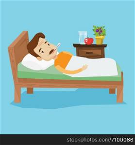 Caucasian sick man with fever laying in bed. Sick man measuring temperature with thermometer in mouth. Sick man suffering from cold or flu virus. Vector flat design illustration. Square layout.. Sick man with thermometer laying in bed.